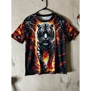 Fire Tiger Graphic Tee – Size Medium – Flaming Wildlife Art Shirt